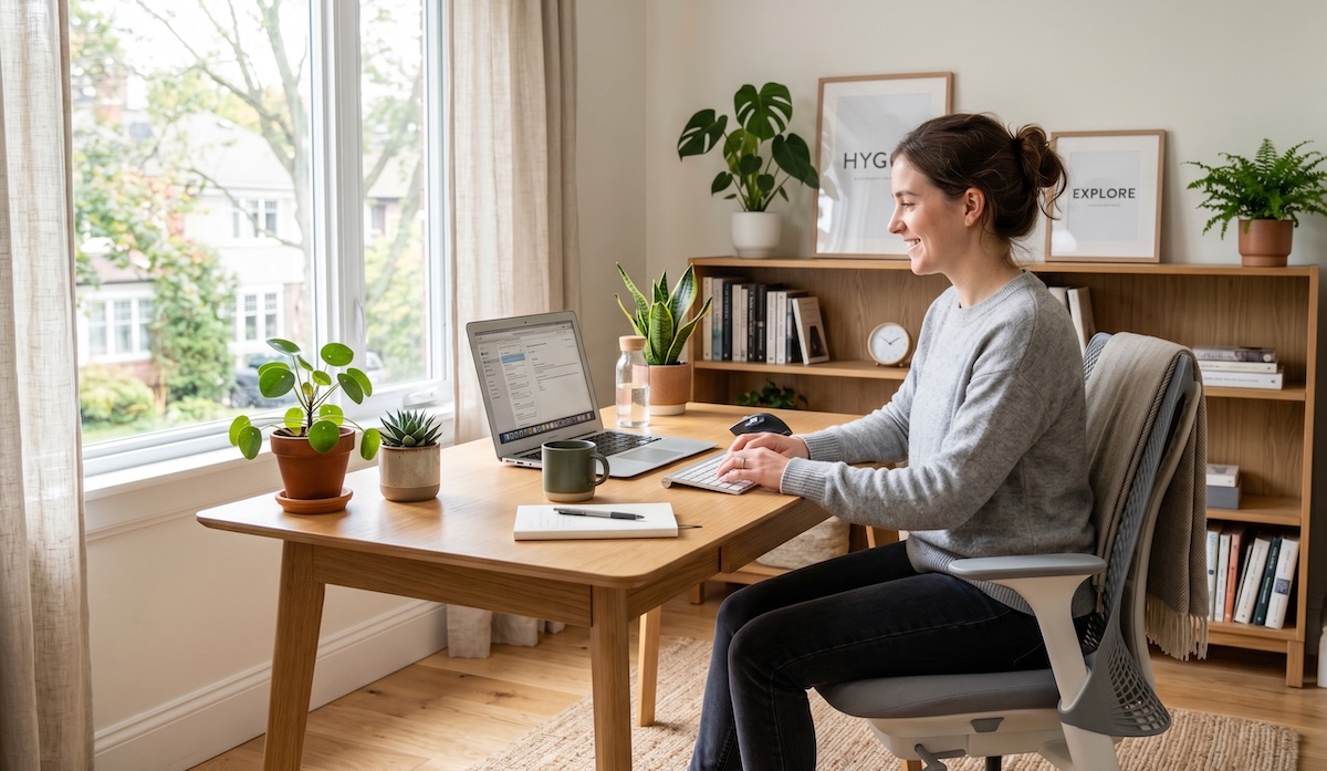 Persoon zit comfortabel in een ergonomische bureaustoel aan een thuiswerkplek